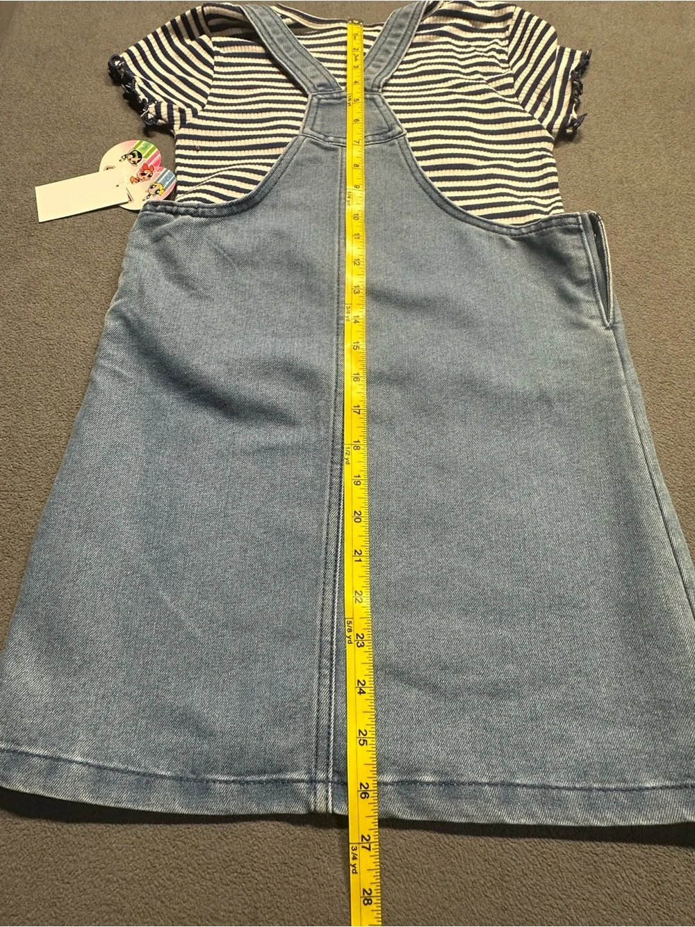 Blue Denim Girls' Overall Dress with Striped Tee — Powerpuff Patch Design